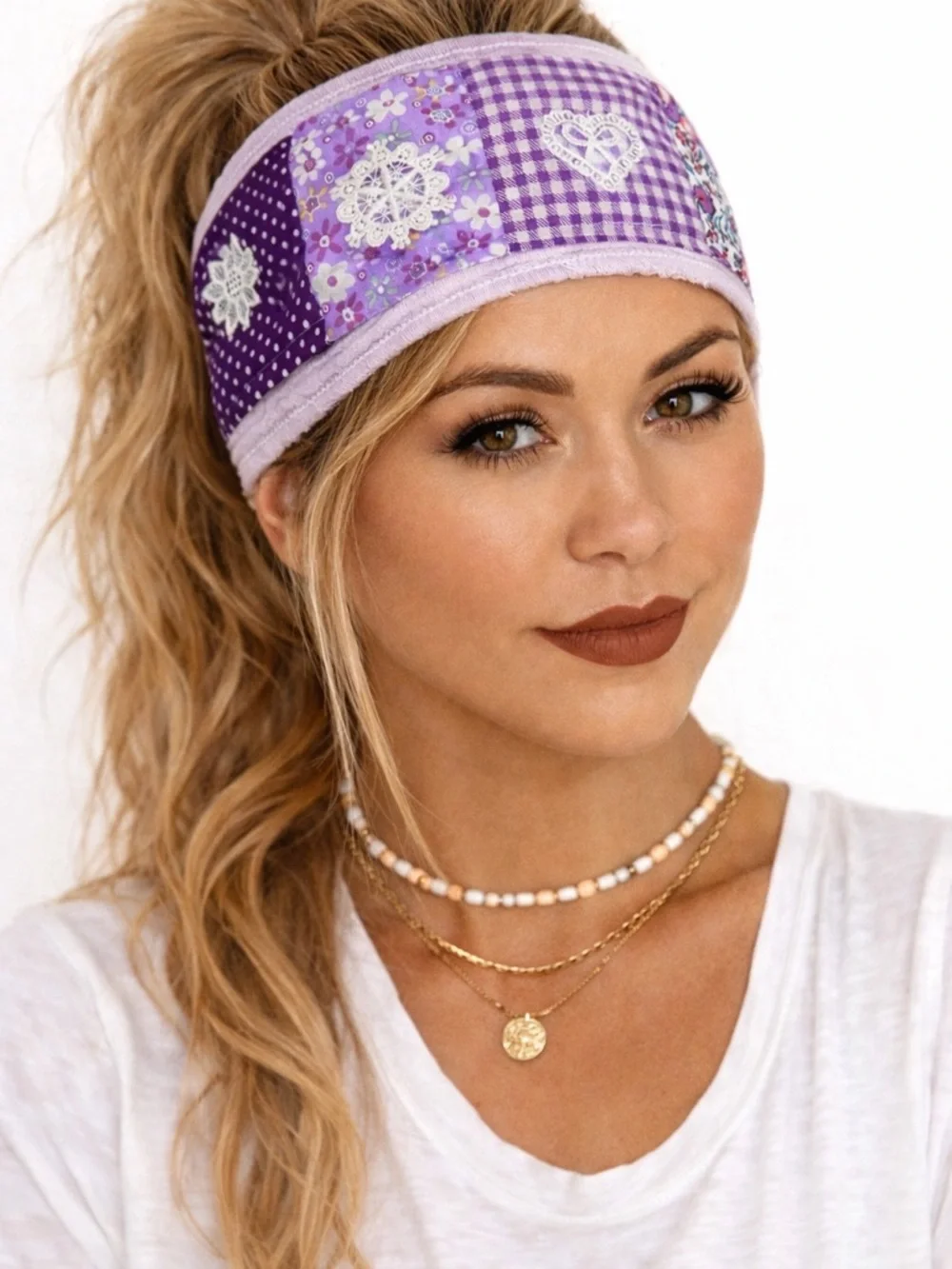 Boho Wide Patchwork Headband Set of 2 | Cotton Linen Lace Festival Hairband Duo